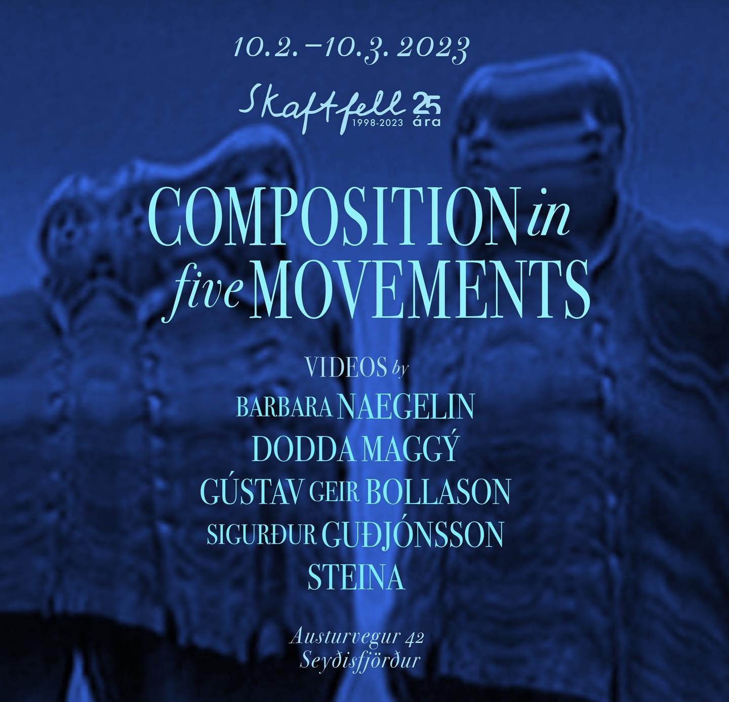 EXHIBITION OPENING
February 10, 17:00 - 18:00
Composition in Five Movements: Videos by Barbara Naegelin, Dodda Maggý, Gústav Geir Bollason, Sigurður Guðjónsson, and Steina Vasulka.
The opening coincides with the annual List í Ljósi |Art in Light Festival in Seyðisfjörður.
Exhibition sponsors: The Cantonal Culture Department Basel-Stadt, Swiss Arts Council Pro Helvetia, Múlaþing, Menningar- og viðskiptaráðuneytið, and Uppbyggingarsjóður Austurlands.